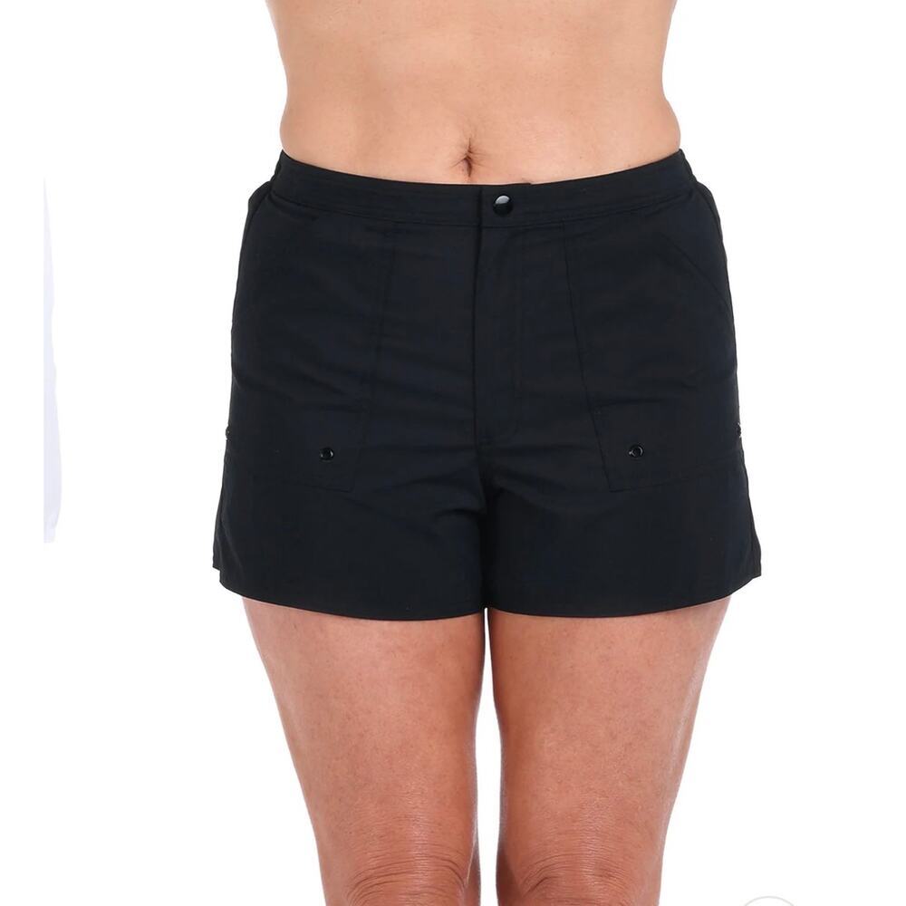 Maxine of Hollywood Black Solid Woven Boardshort Swim Bottom, 12